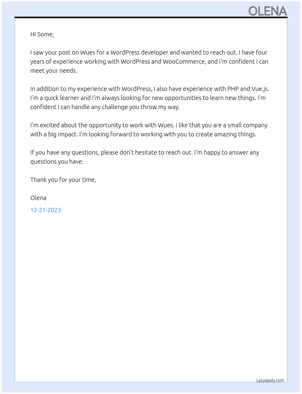 Wordpress Developer At Wues Cover Letter