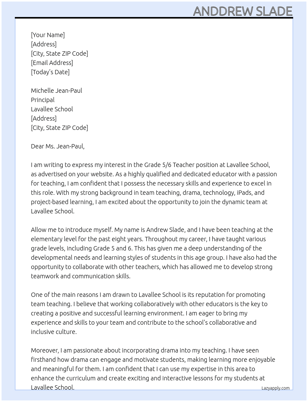 grade 5/6 teacher At Lavallee School Cover Letter