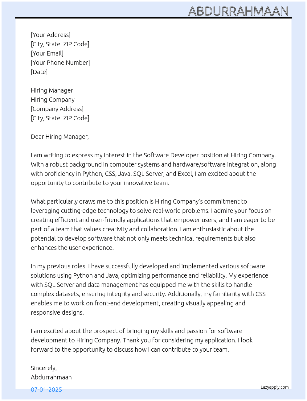 Software developer  At Hiring company  Cover Letter