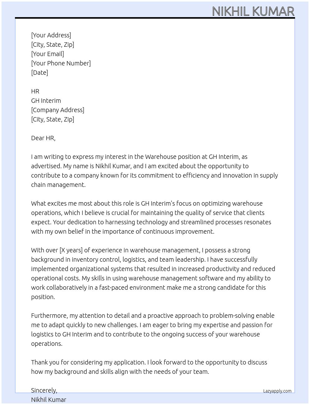 Warehouse At GH interim Cover Letter