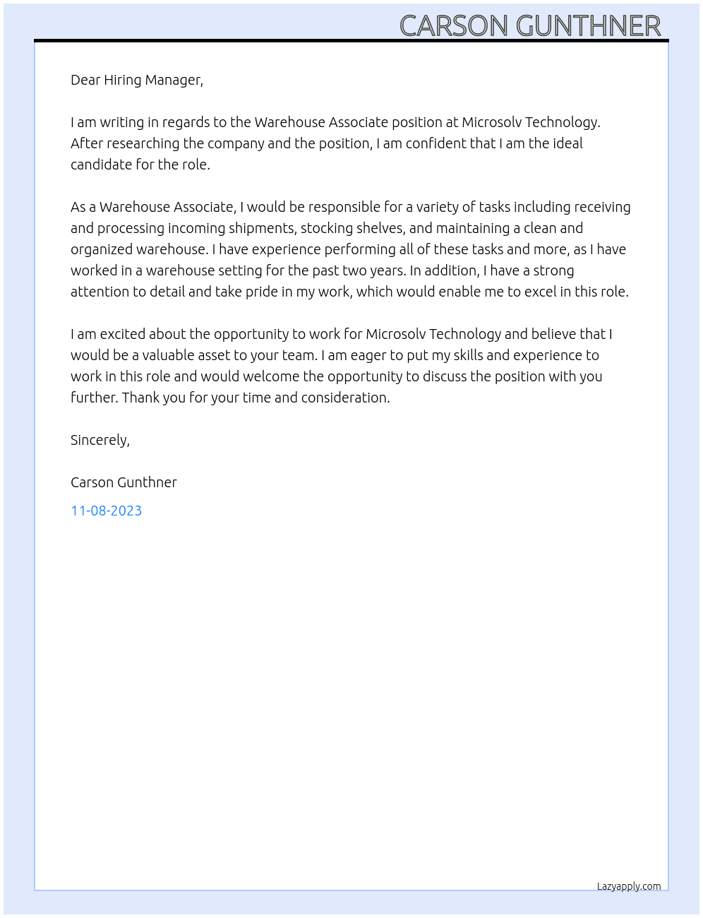 Warehouse Associate  At Microsolv Technology  Cover Letter