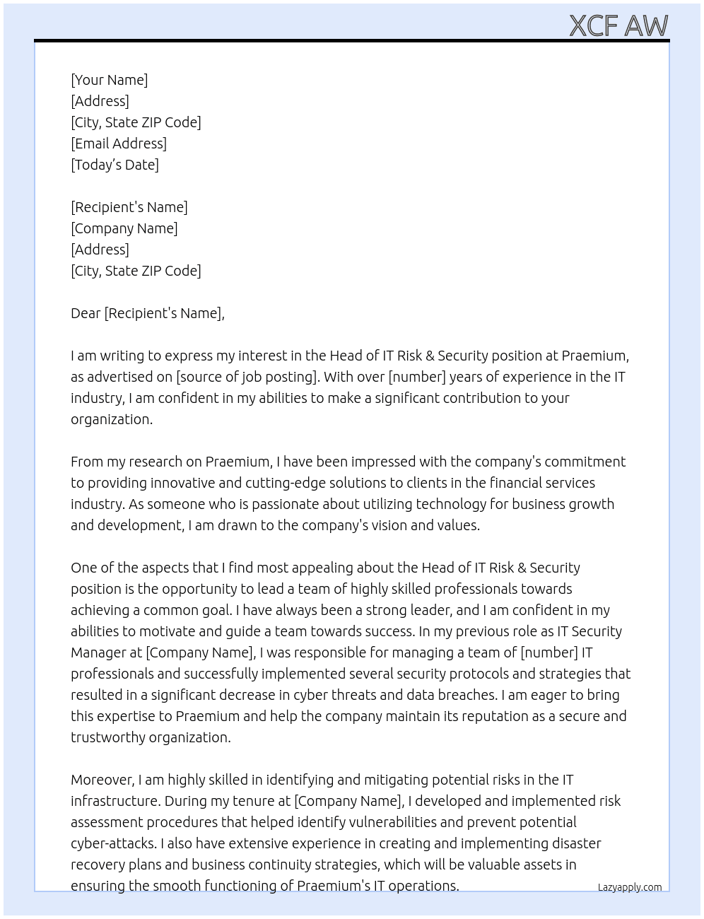 Head of IT Risk & Security At Praemium Cover Letter