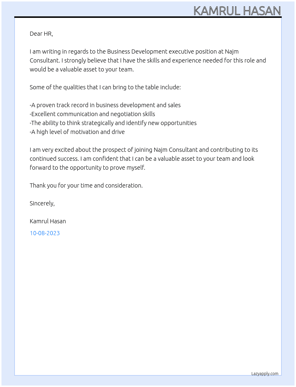 Business Development executive At Najm Consultant Cover Letter