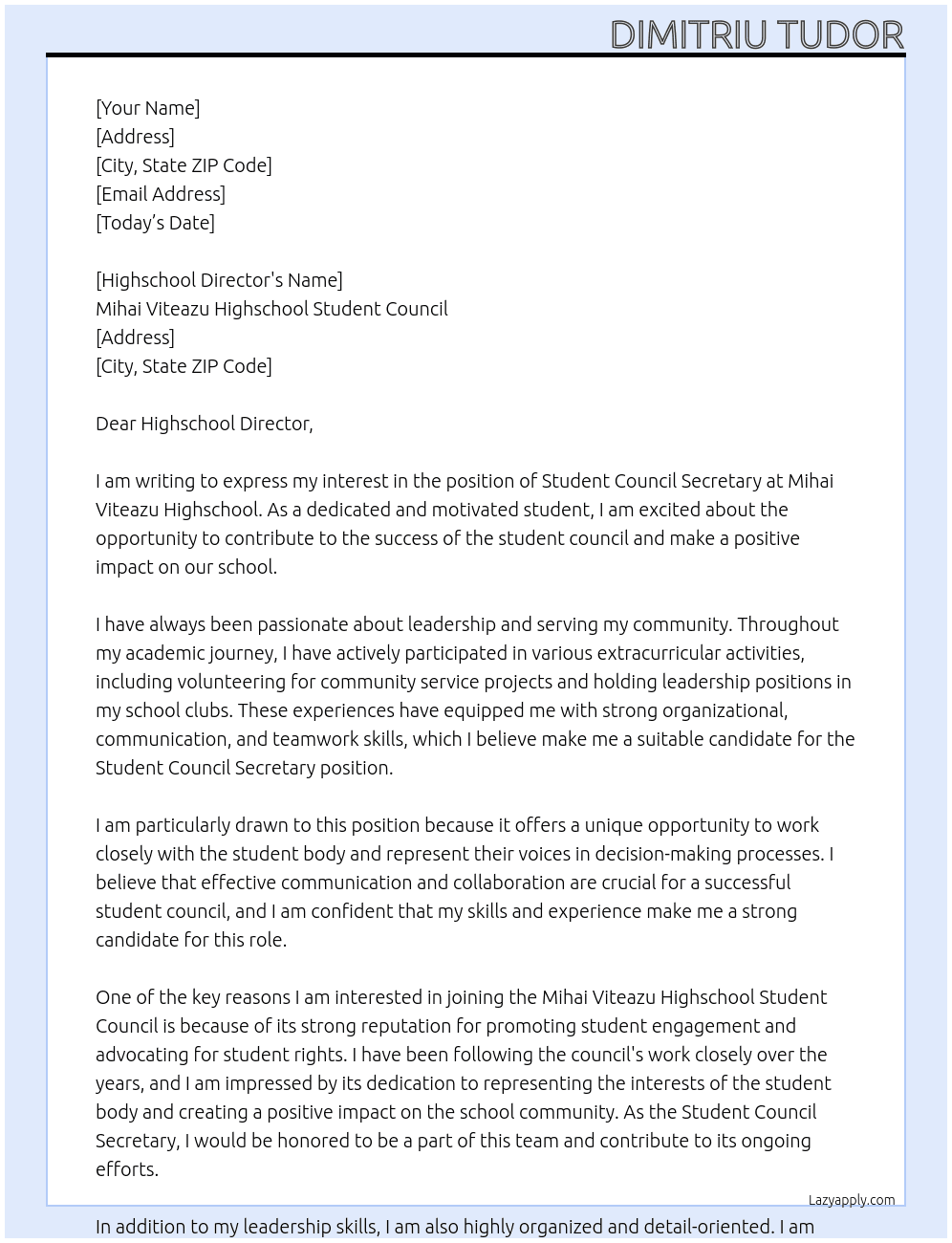 Student Council Secretary At Mihai Viteazu Highschool Student Council Cover Letter