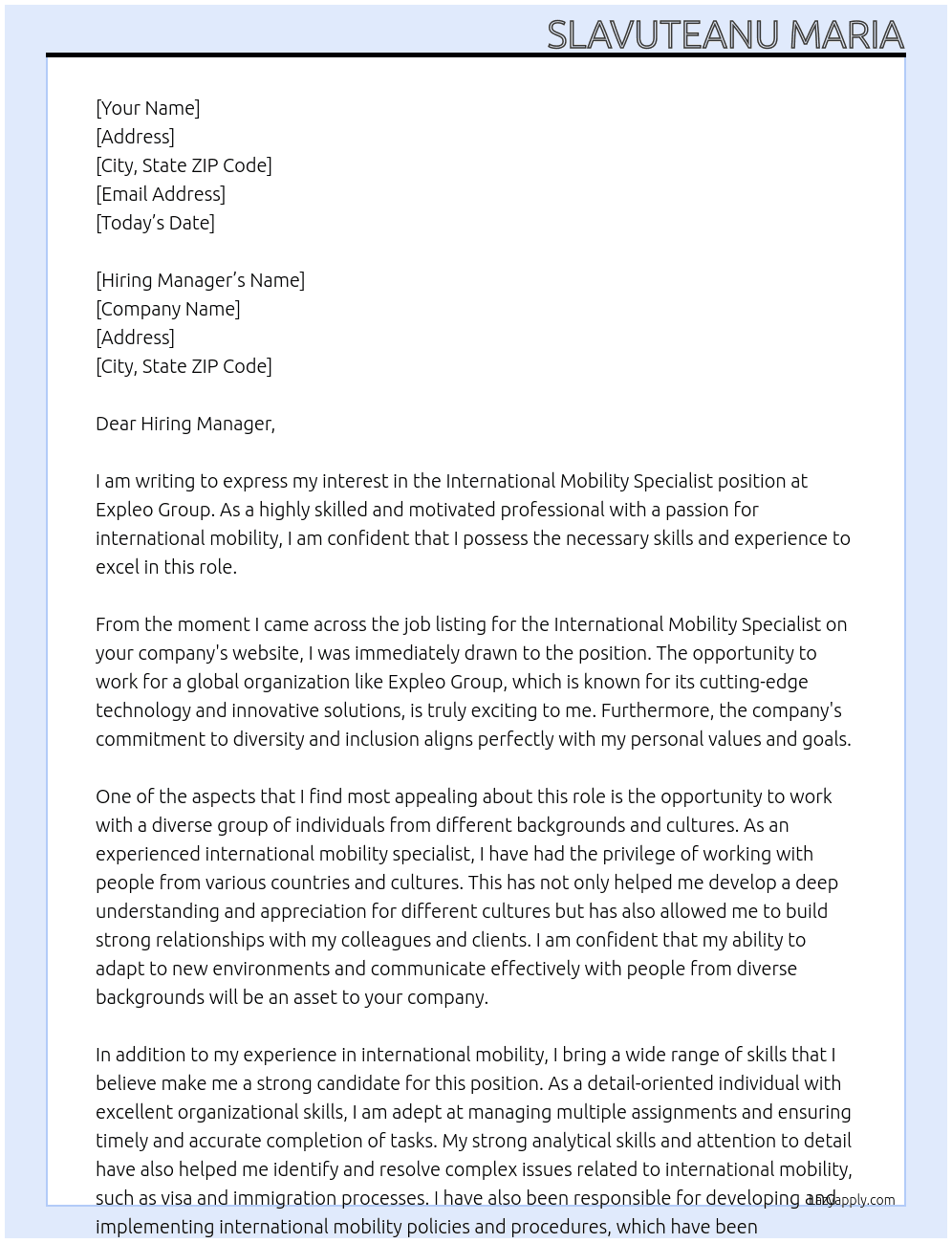 International Mobility Specialist At Expleo Group Cover Letter