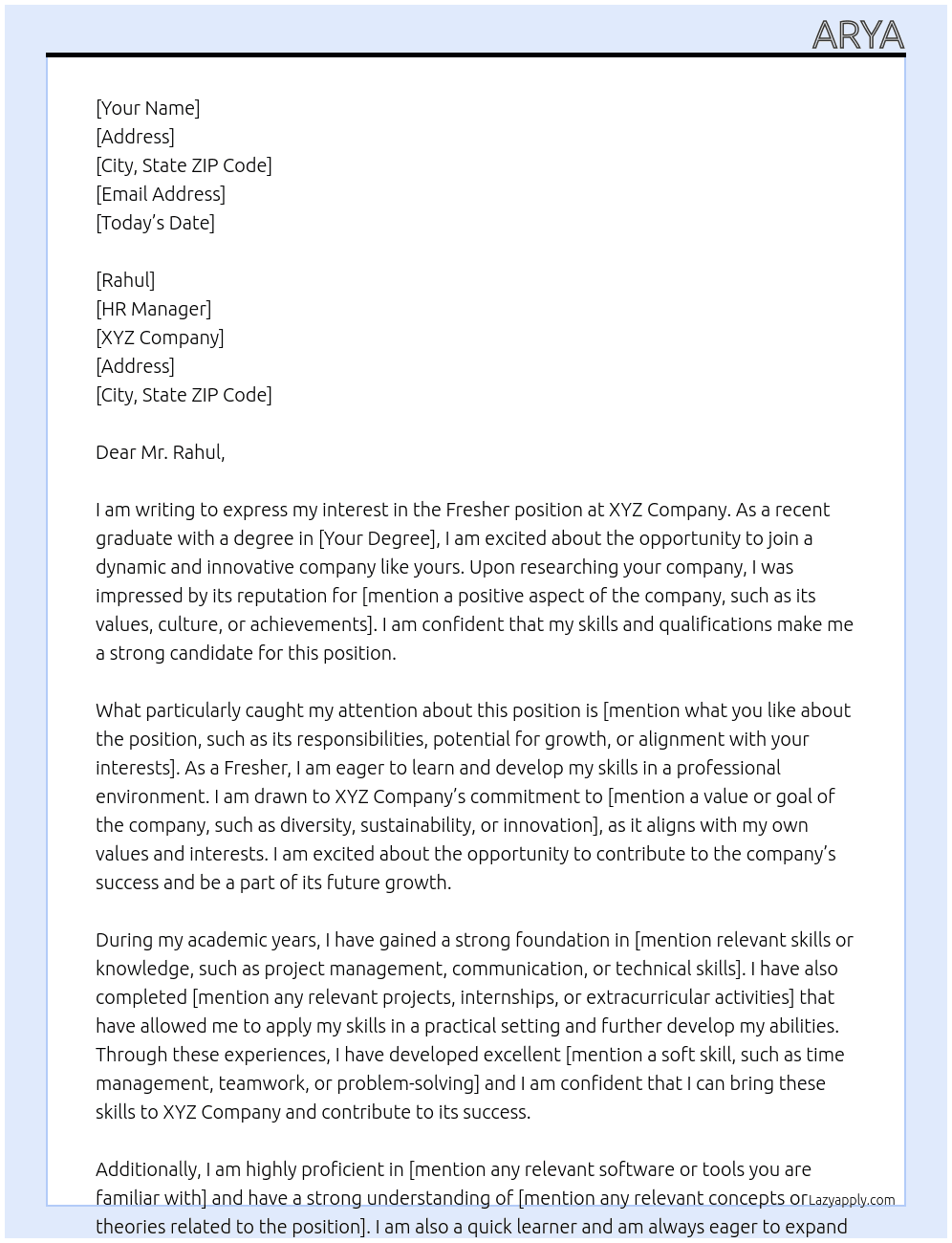 Fresher At xyz com Cover Letter
