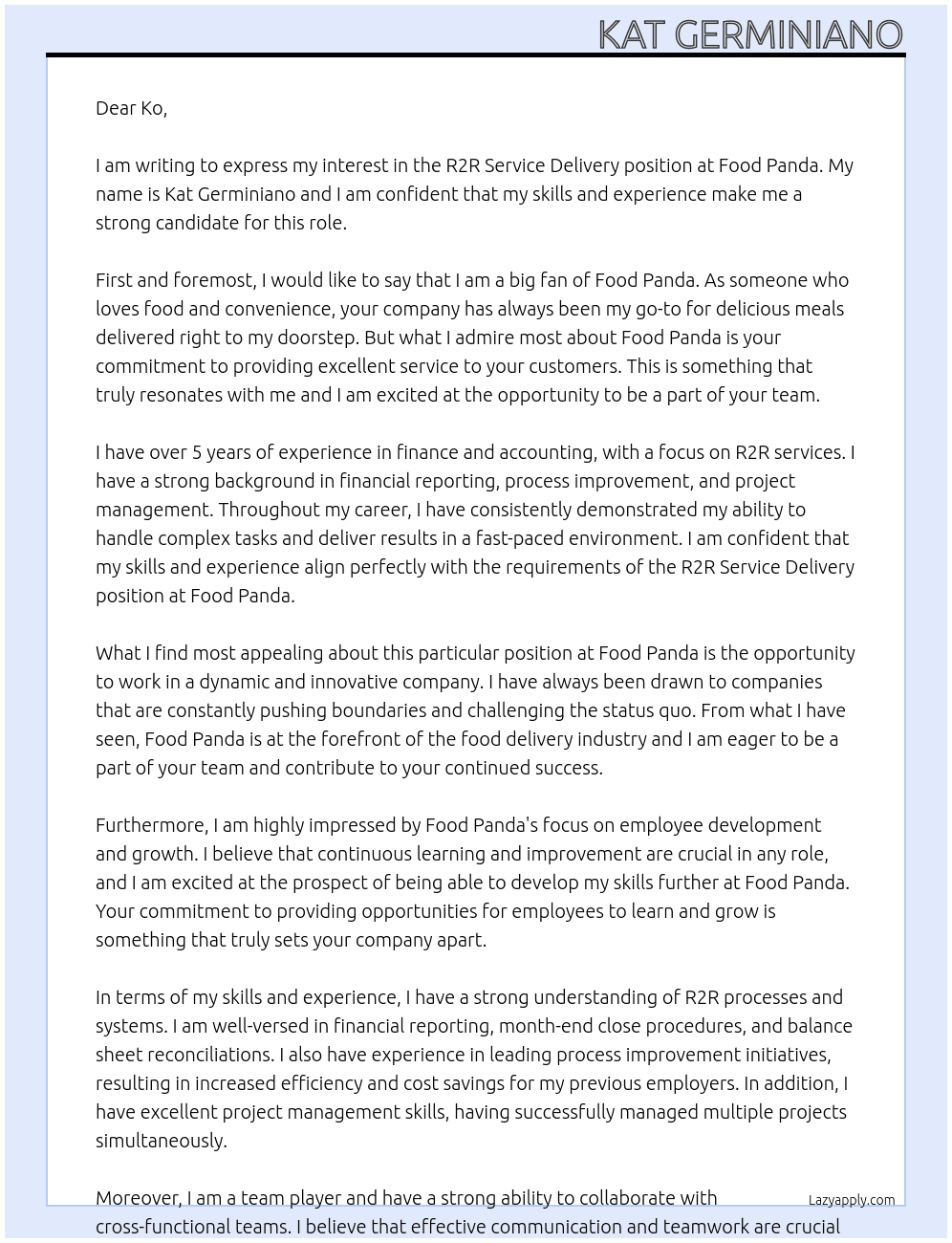Cover letter for r2r service delivery - LazyApply