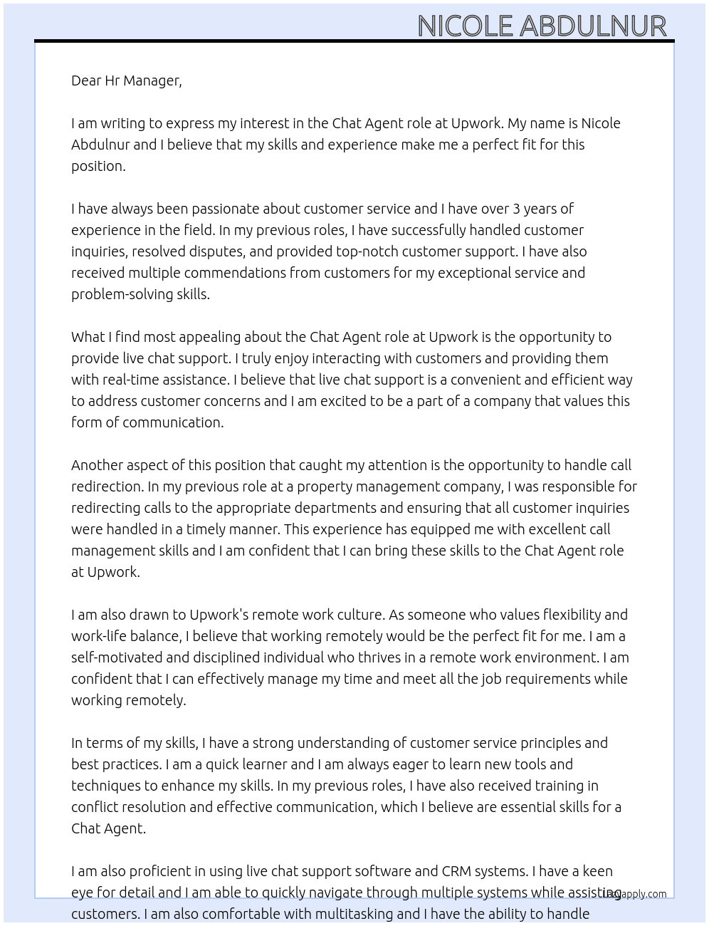 Chat agent At Upwork Cover Letter