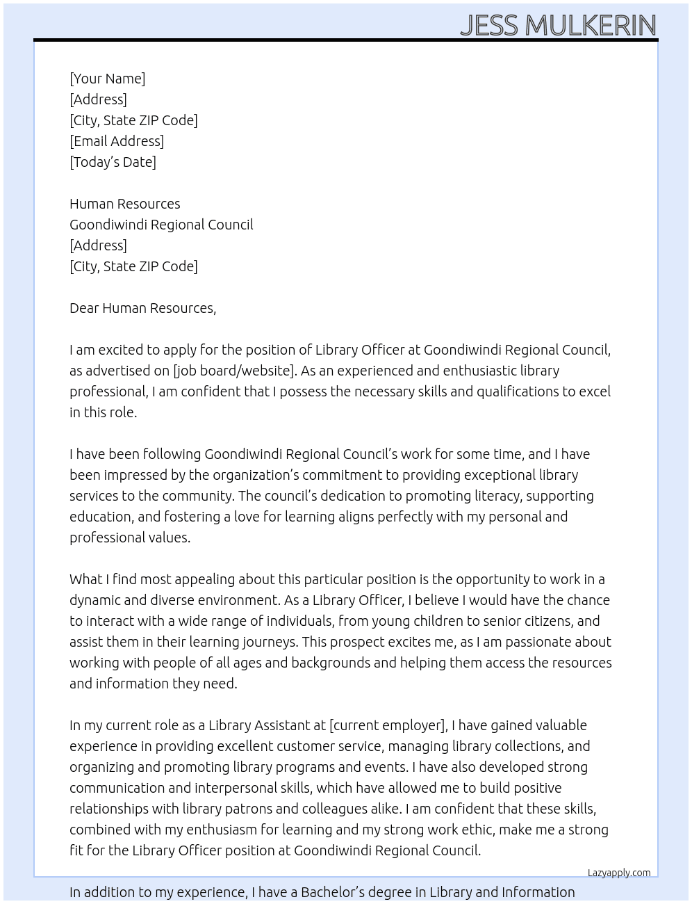 Library Officer At Goondiwindi Regional Council Cover Letter