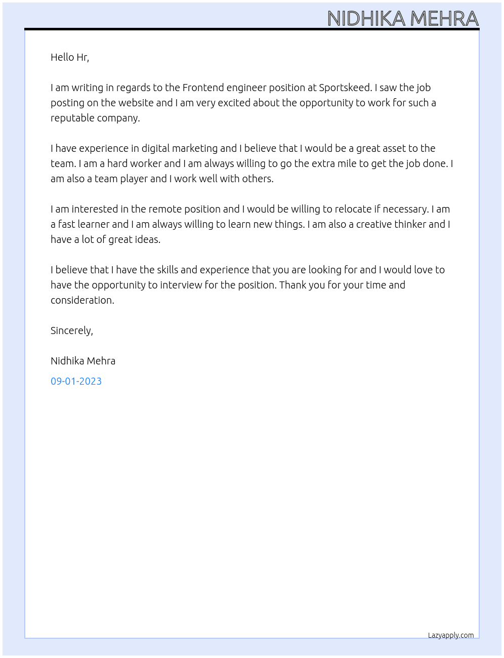Frontend engineer  At Sportskeed Cover Letter