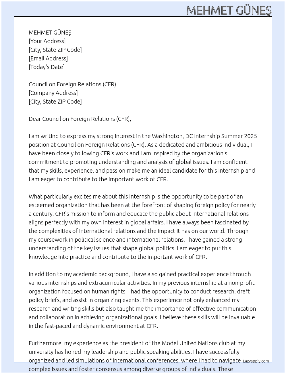 Cover letter for washington, dc internship summer 2025 - LazyApply