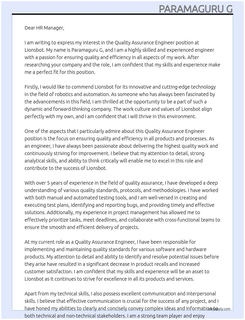 quality assurance engineer At lionsbot Cover Letter