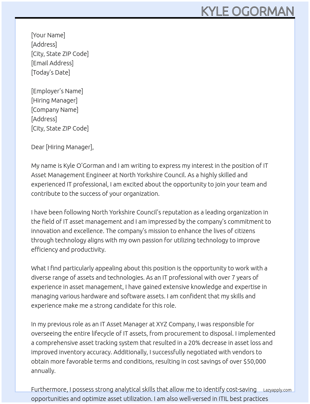 IT aset management engineer At North Yorkshire Council Cover Letter