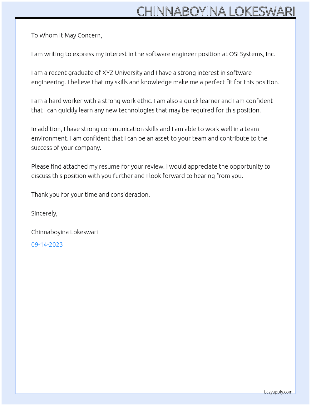 software Engineer(fresher) At OSI SYSTEMS ,INC Cover Letter