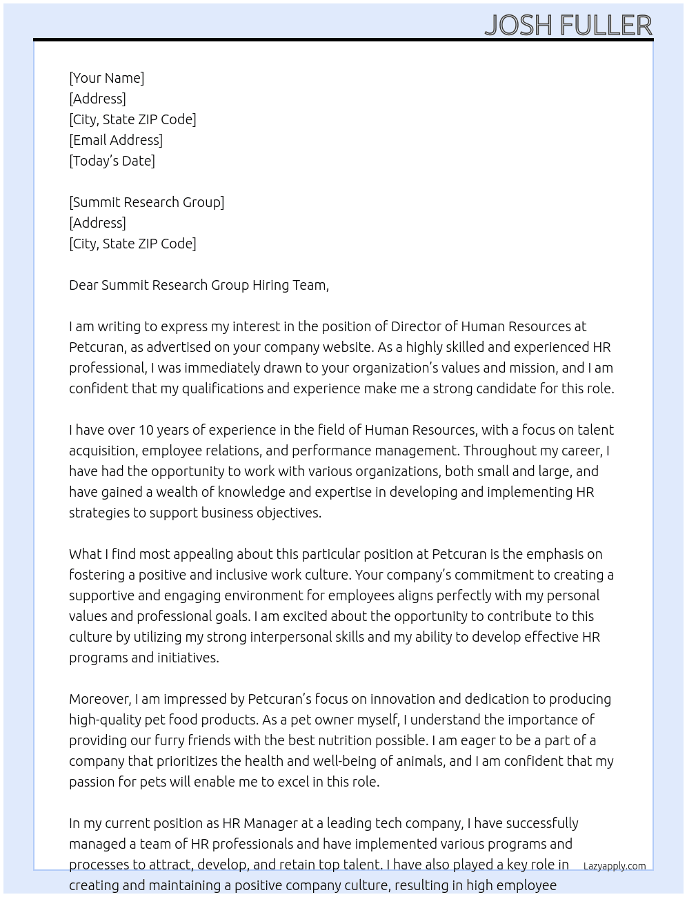 Director of Human Resources At Petcuran Cover Letter