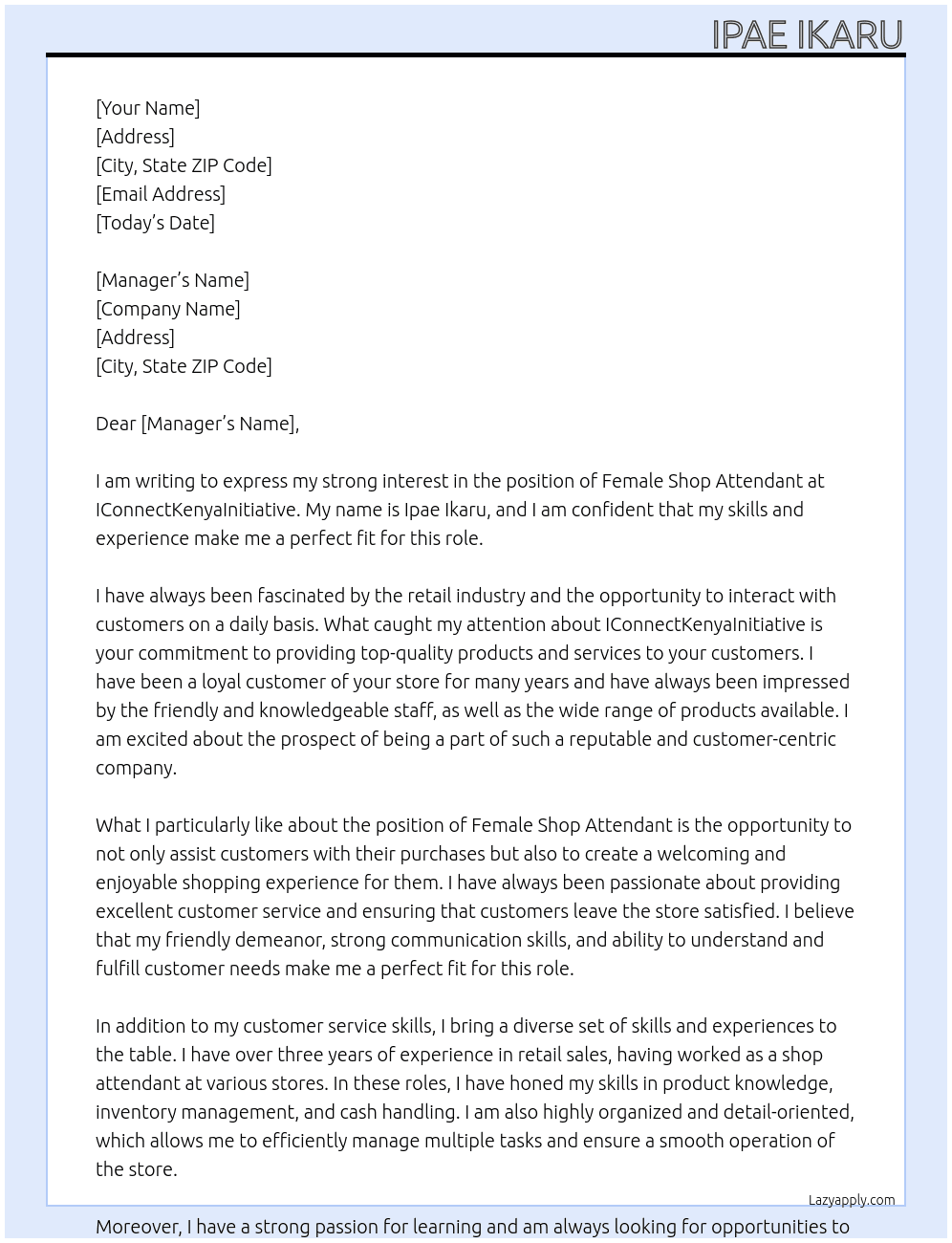 FEMALE SHOP ATTENDANT At ICONNECTKENYAINITIATIVE Cover Letter