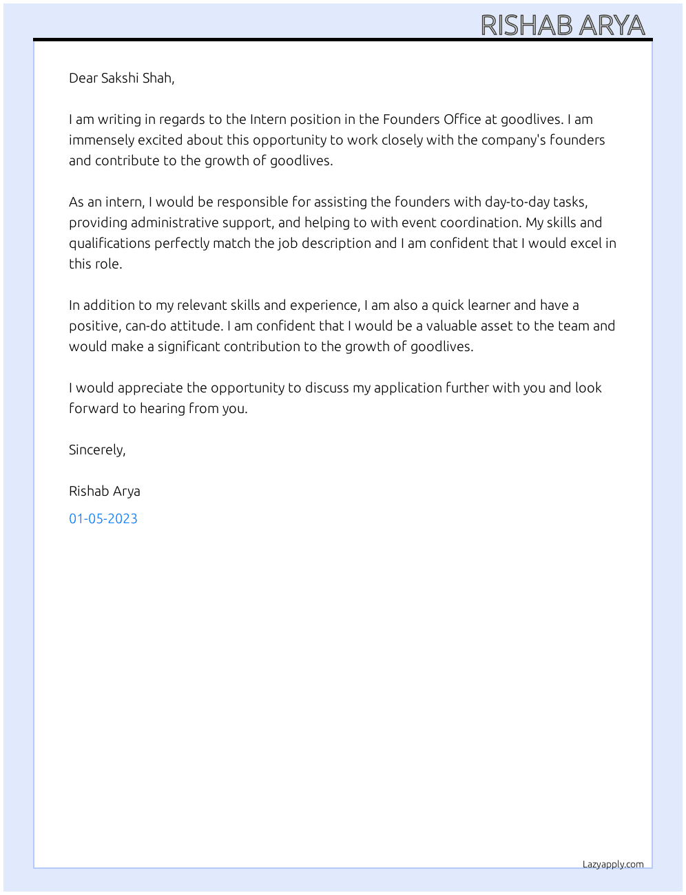 Intern - Founders Office At goodlives Cover Letter