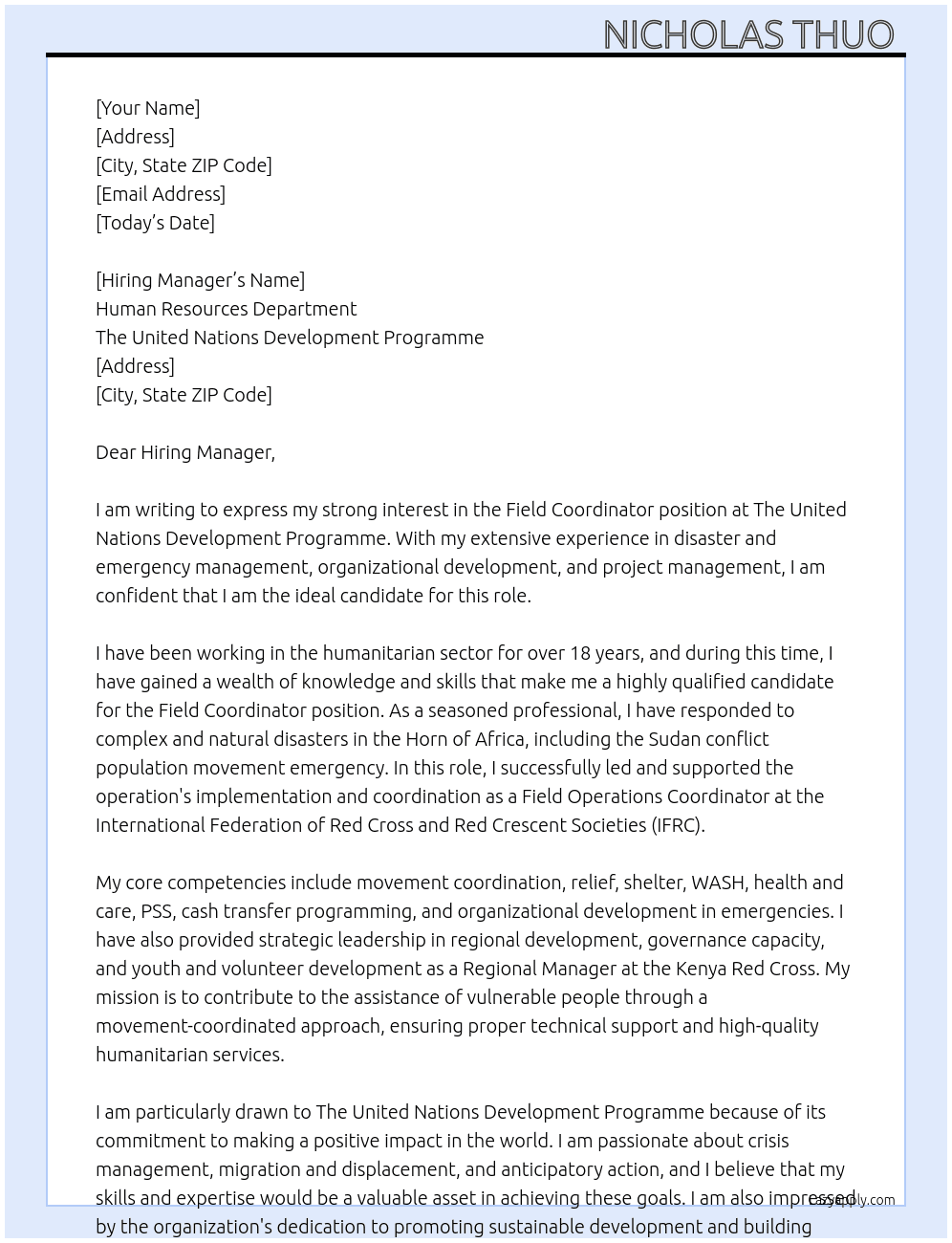 Field Coordinator At The United Nations Development Programme  Cover Letter