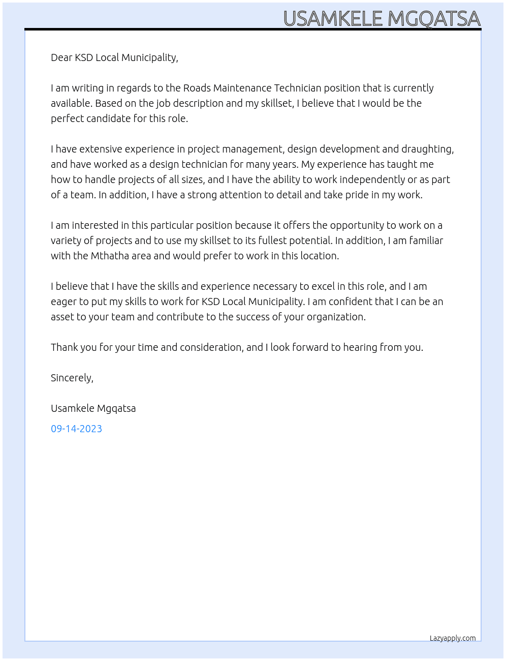 Roads Maintenance Technician At KSD Local Municipality Cover Letter