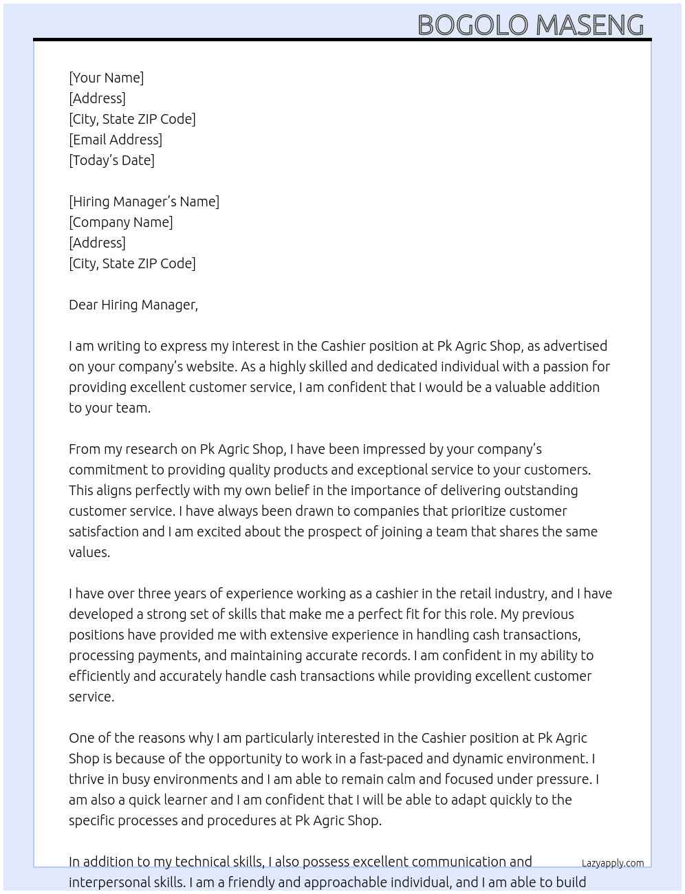 Cashier  At Pk agric shop Cover Letter