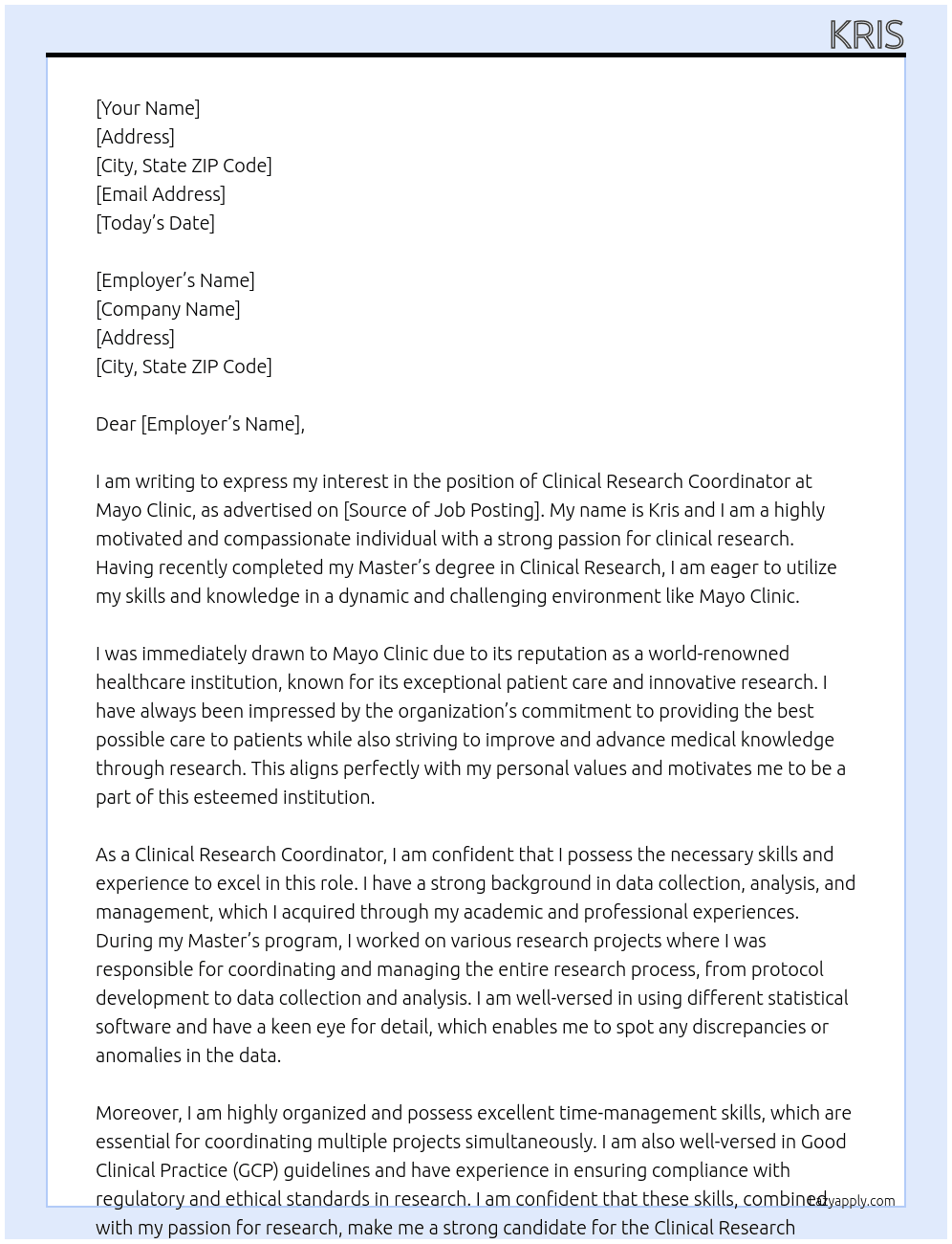 Clinical Research Coordinator At Mayo Clinic Cover Letter