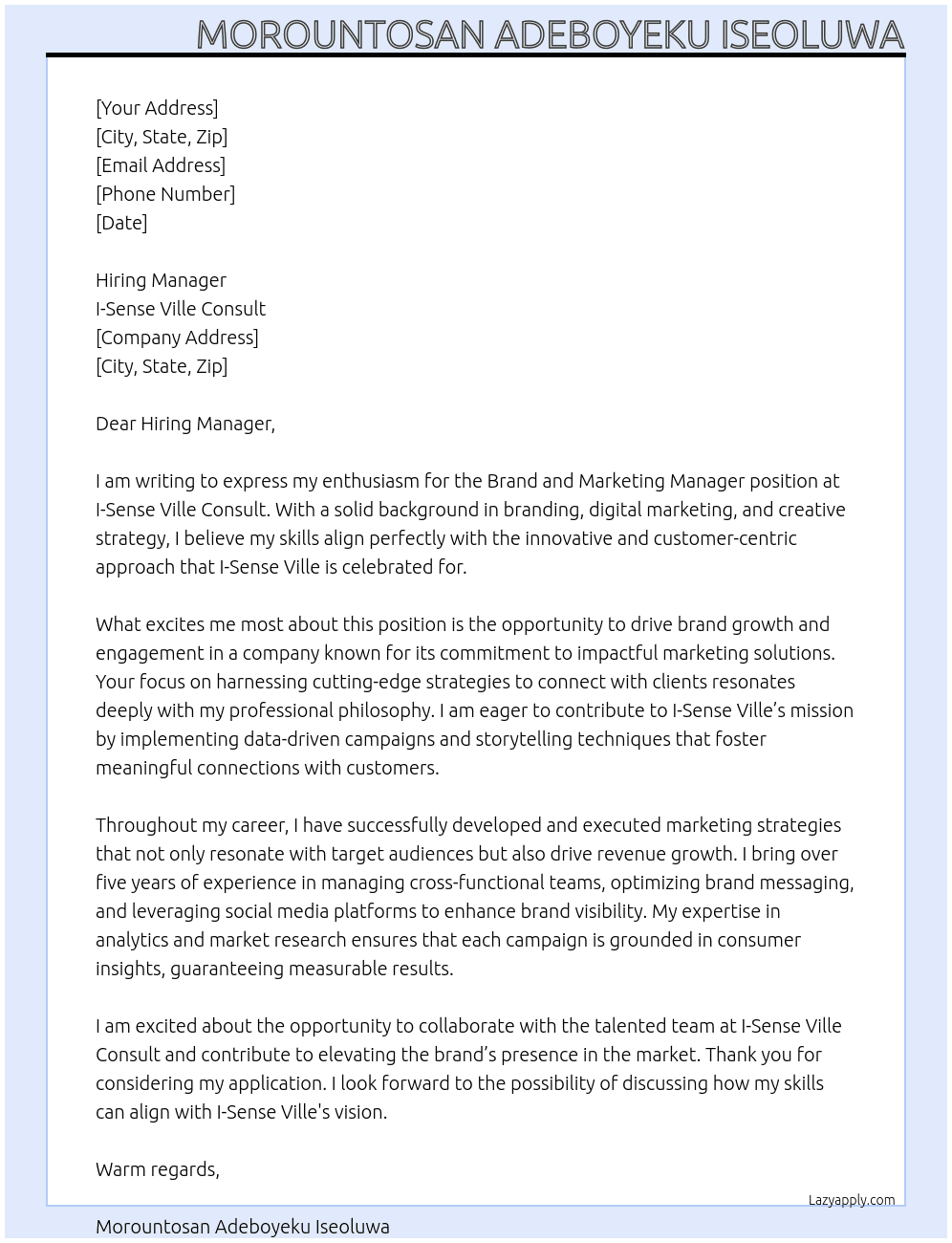 Brand and Marketing Manager At I-Sense Ville Consult Cover Letter