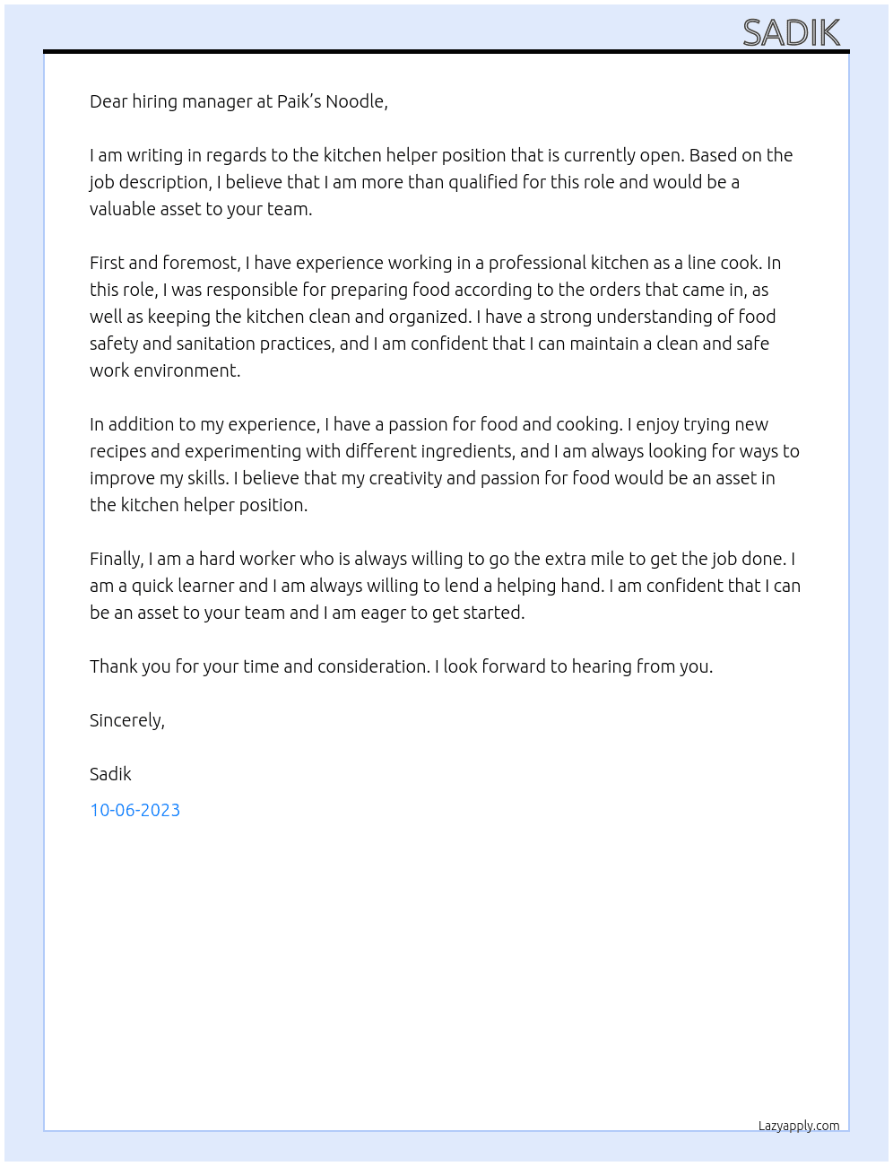 Kitchen helper At Paik’s Noodle   Cover Letter