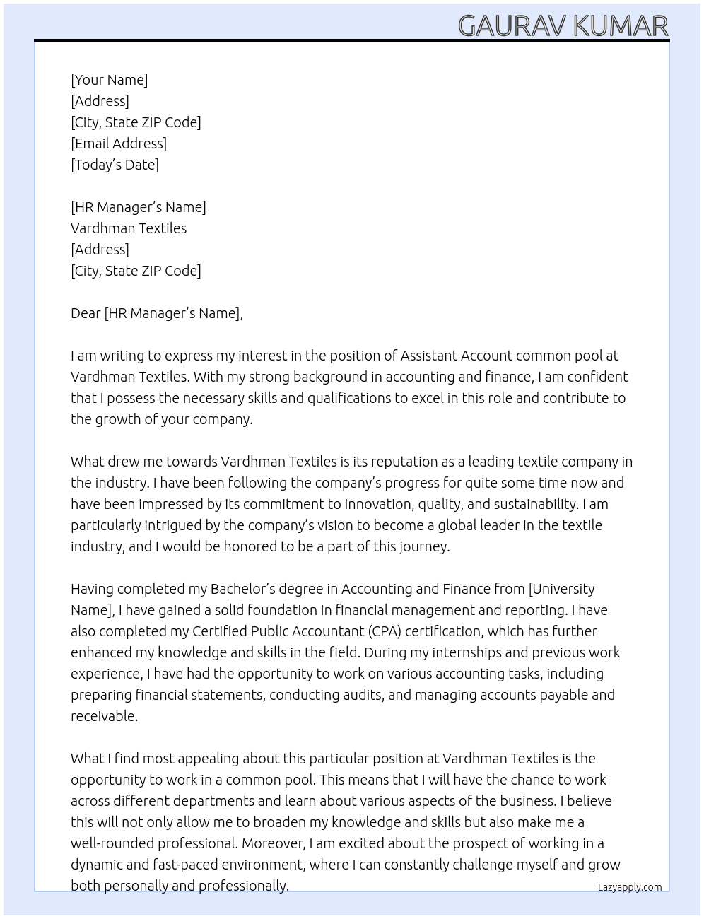 Assistant Account common pool At Vardhman Textiles  Cover Letter