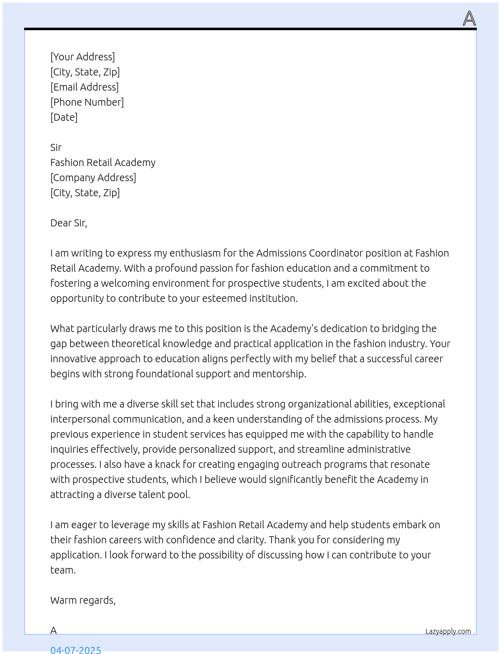 Admissions Coordinator  At Fashion Retail Academy Cover Letter