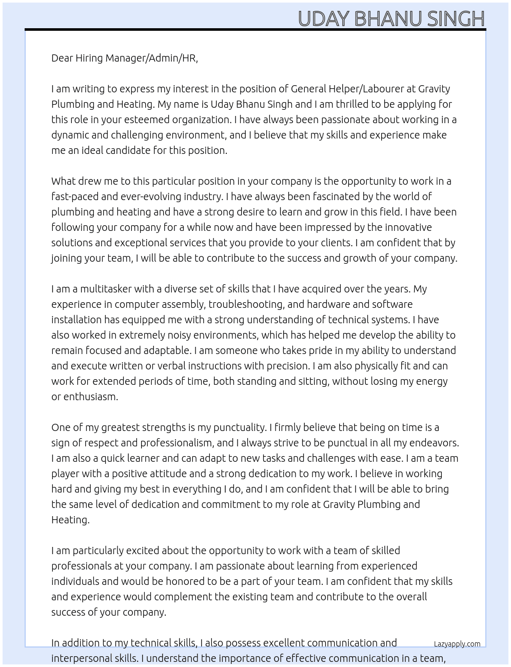 General Helpers/Labourers At Gravity Plumbing and Heating Cover Letter