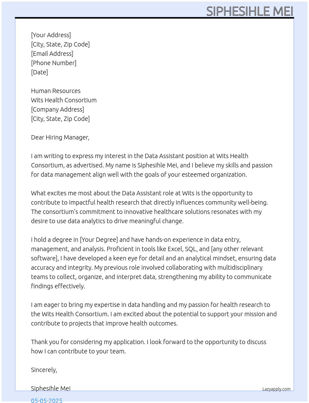 data assistant At Wits Cover Letter