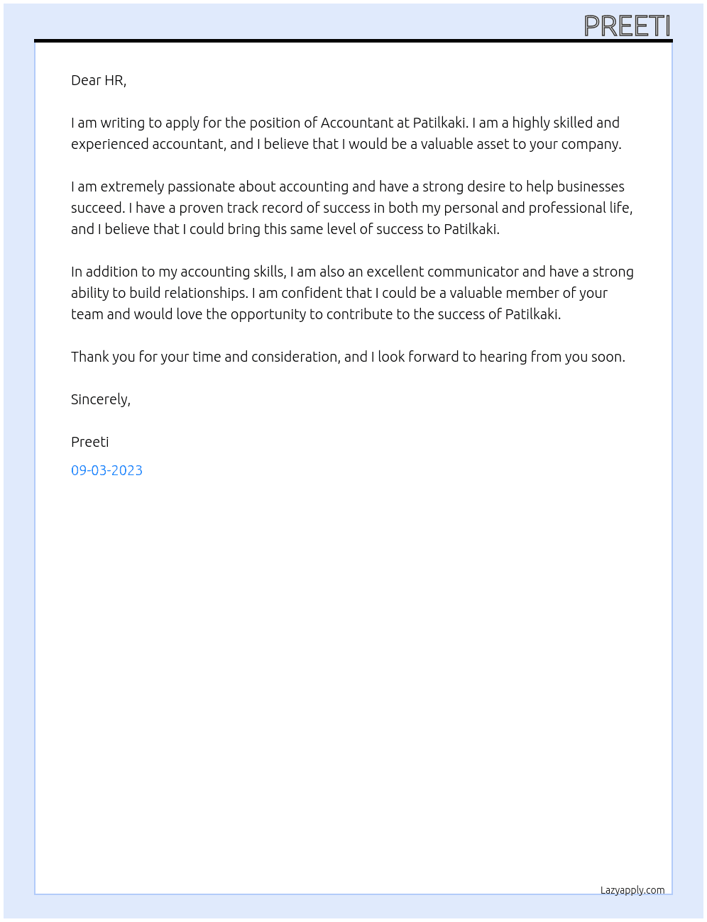 Account  At Patilkaki Cover Letter