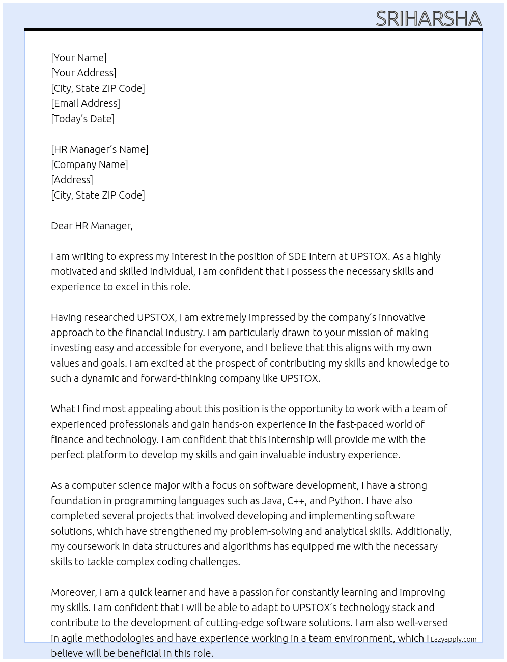 SDE Intern At UPSTOX Cover Letter