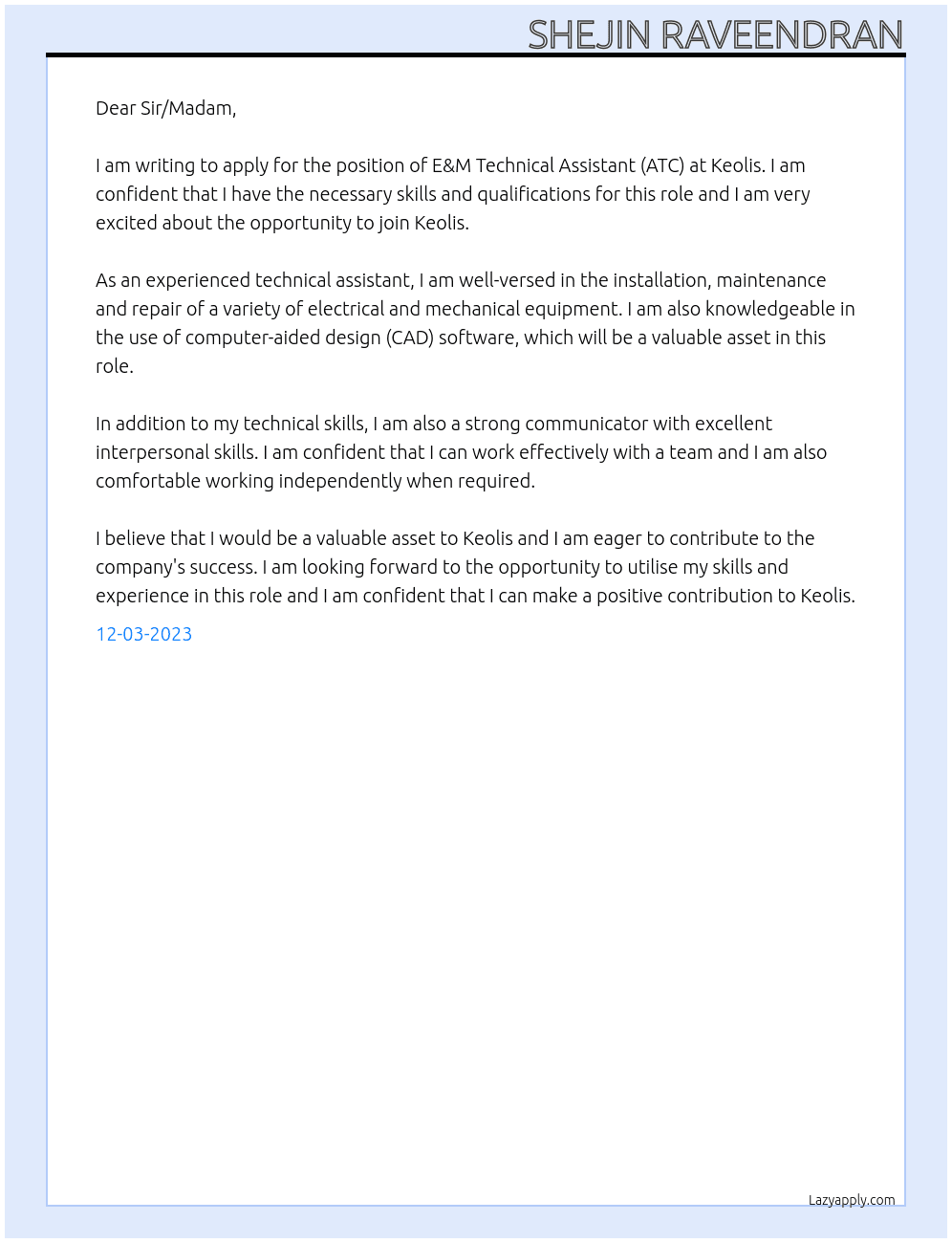 E&M Technncal assistant (ATC) At KEOLIS Cover Letter