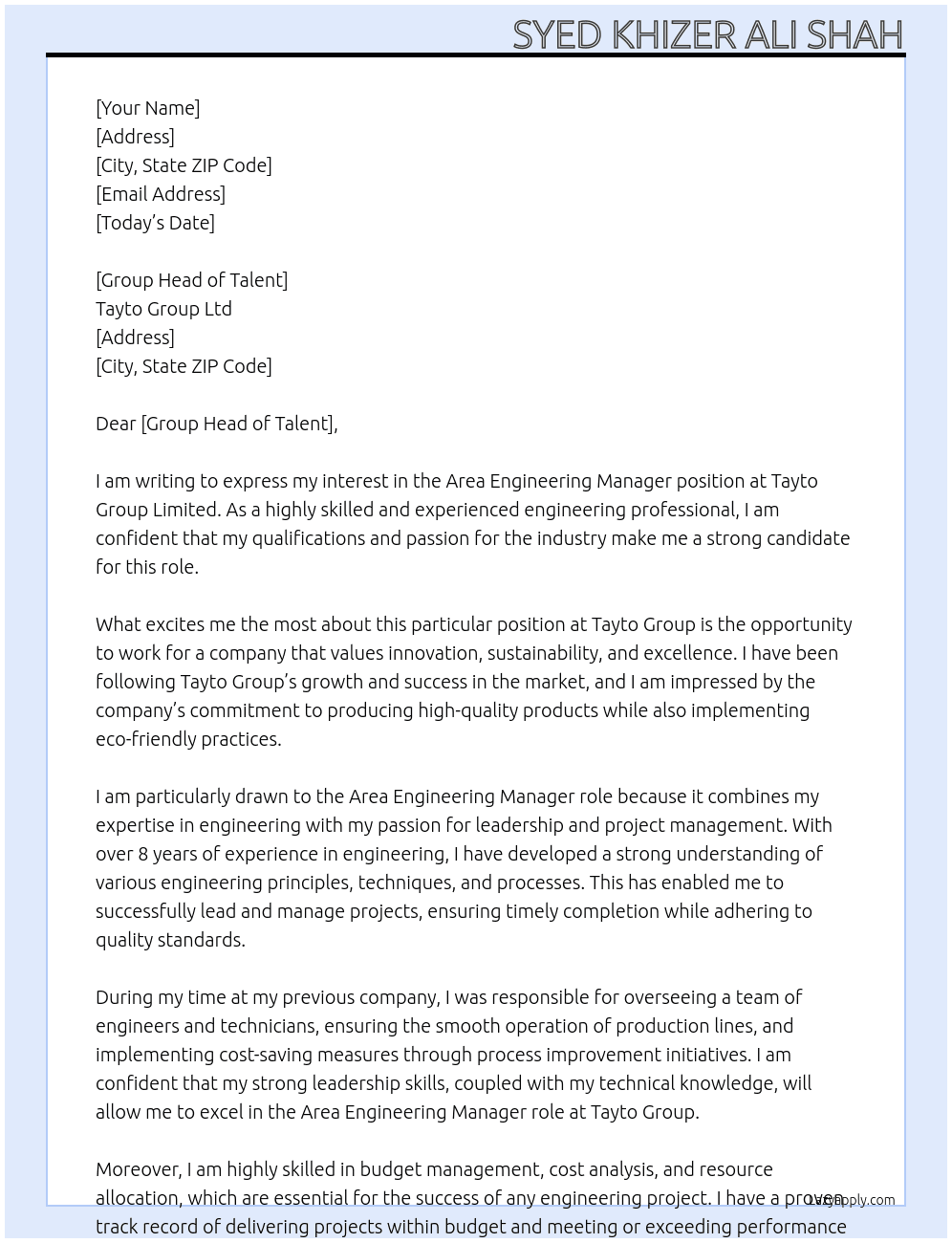 Area Engineering Manager At Tayto Group Limited Cover Letter