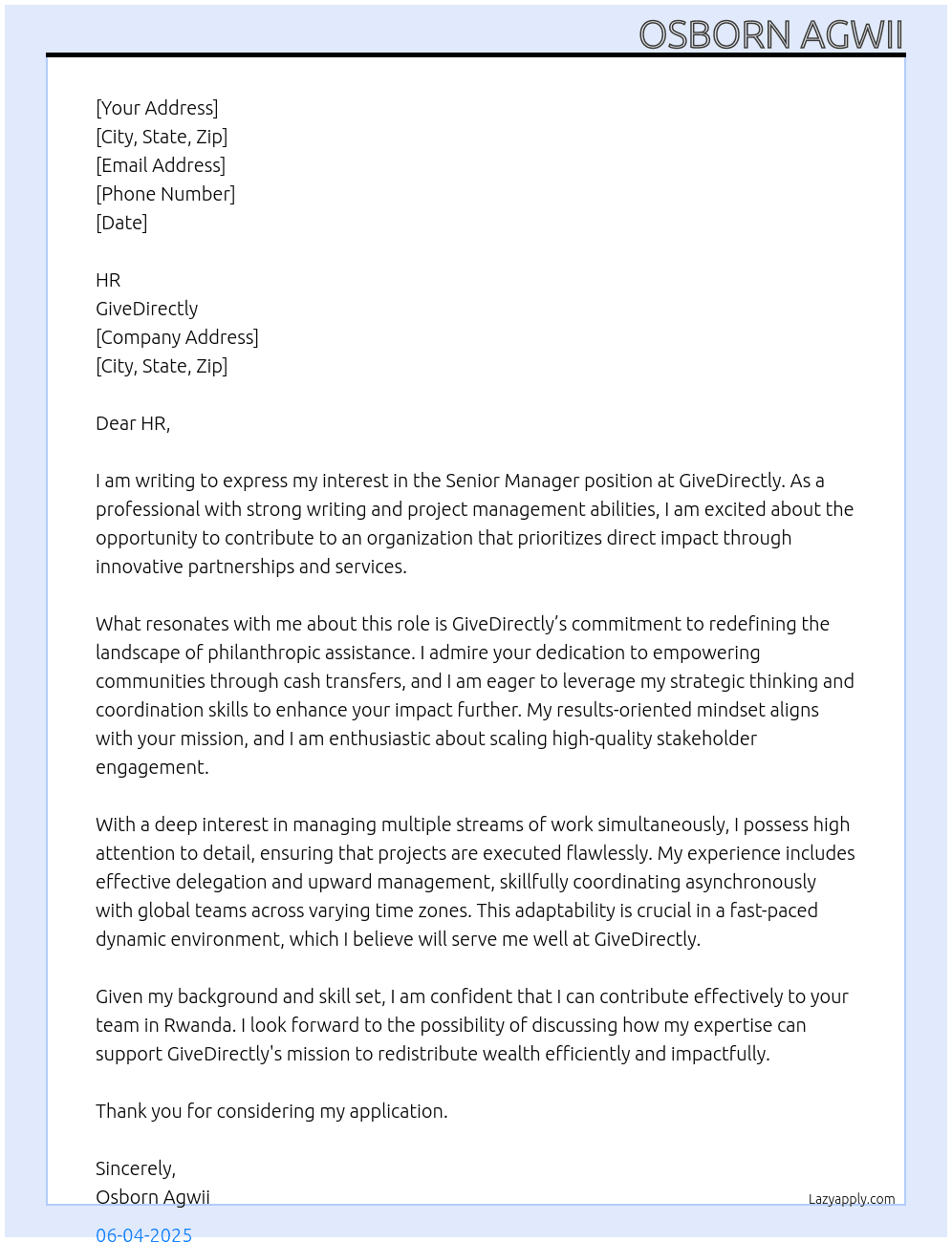 Senior Manager At GiveDirecty Cover Letter