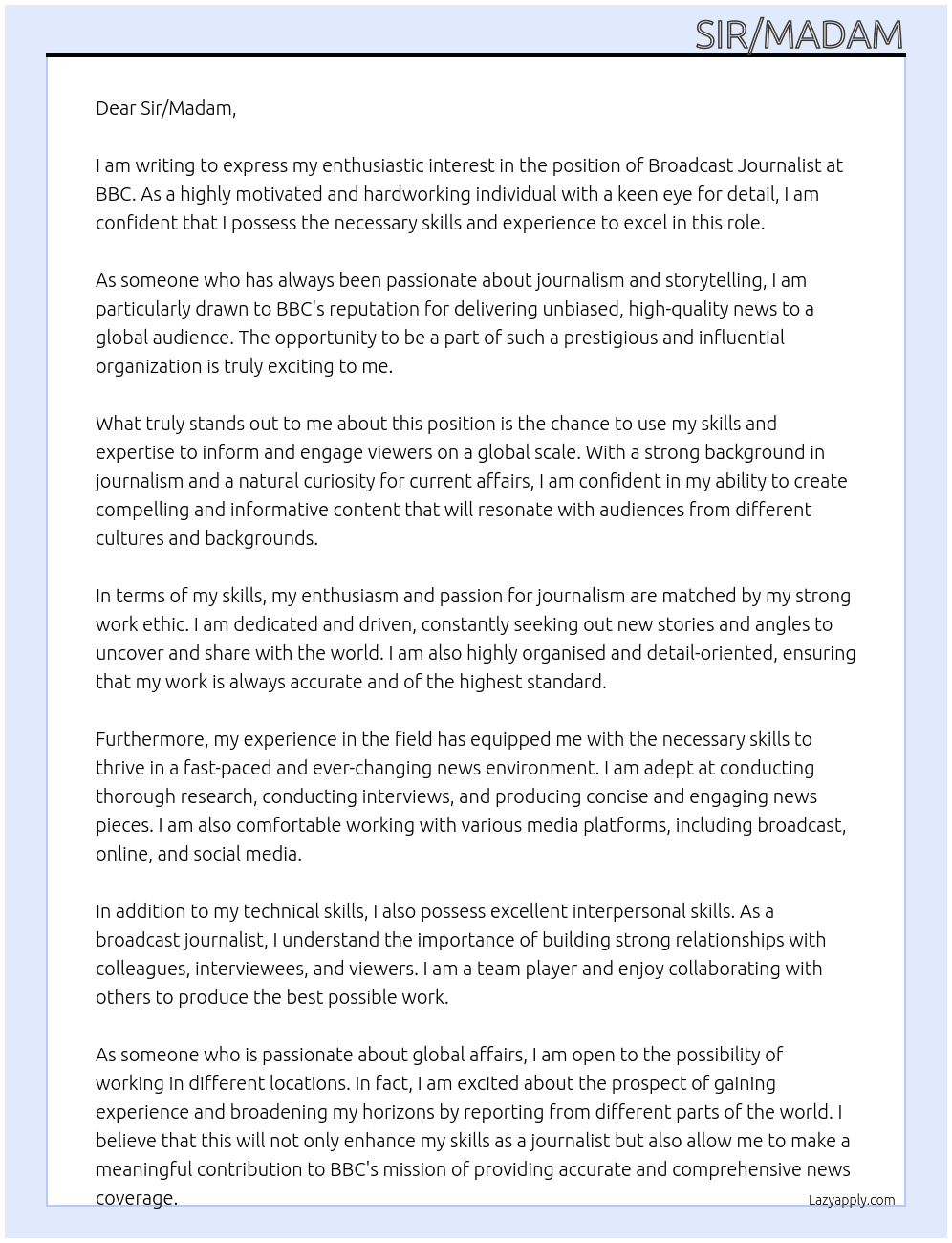 Broadcast Journalist At BBC Cover Letter