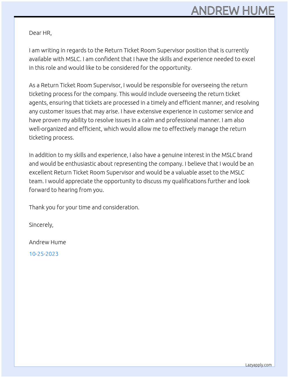 Return Ticket Room Supervisor At MSLC Cover Letter