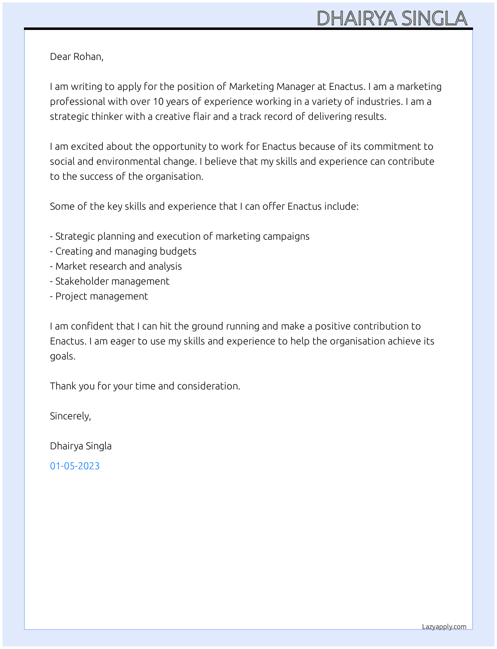 Marketing manager At Enactus Cover Letter