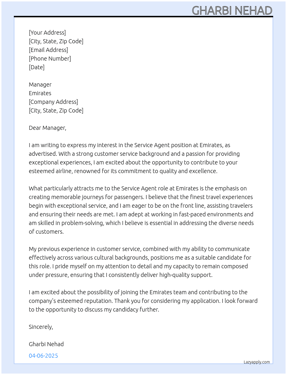 service agent At emirate  Cover Letter