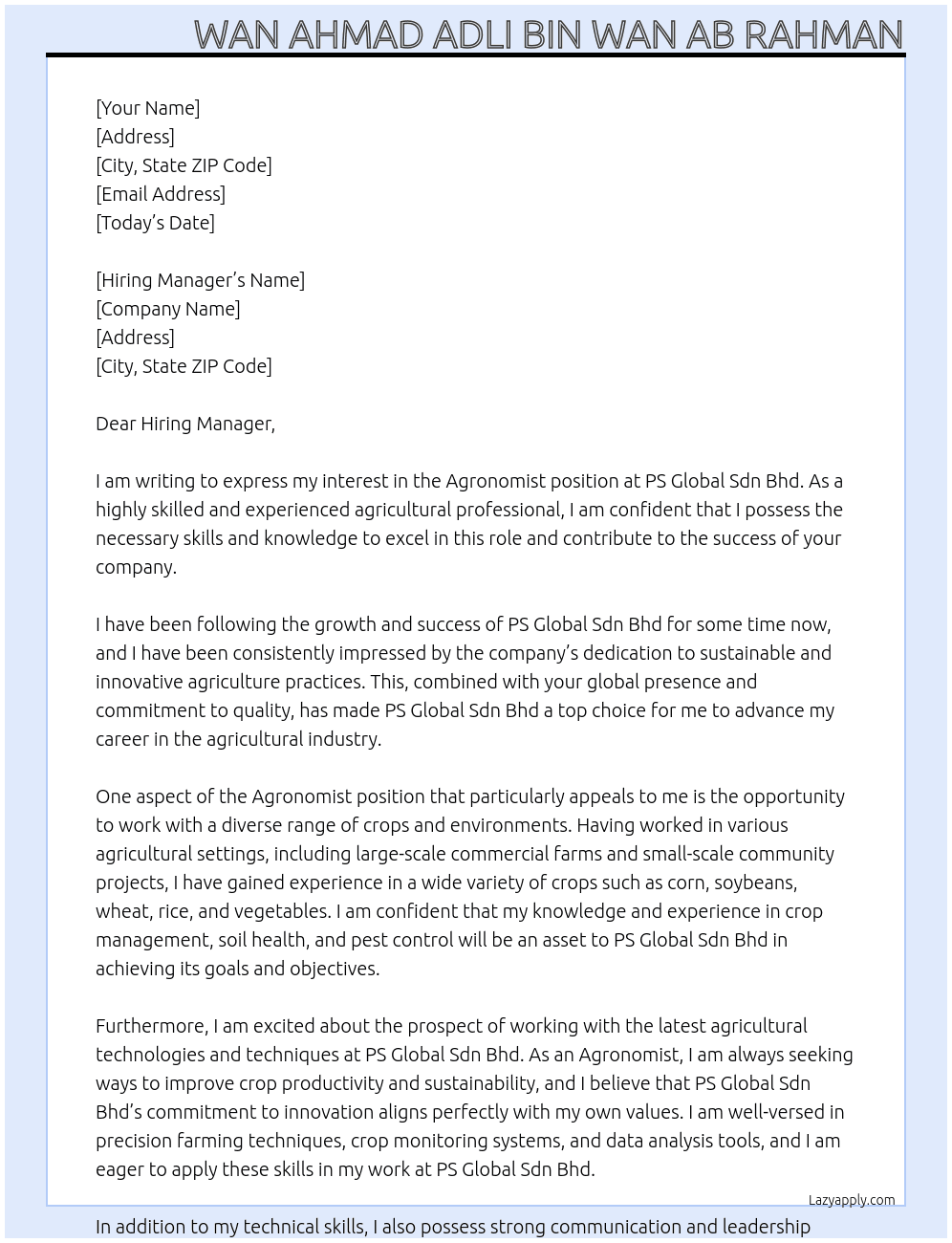 Agronomist At PS Global Sdn Bhd Cover Letter