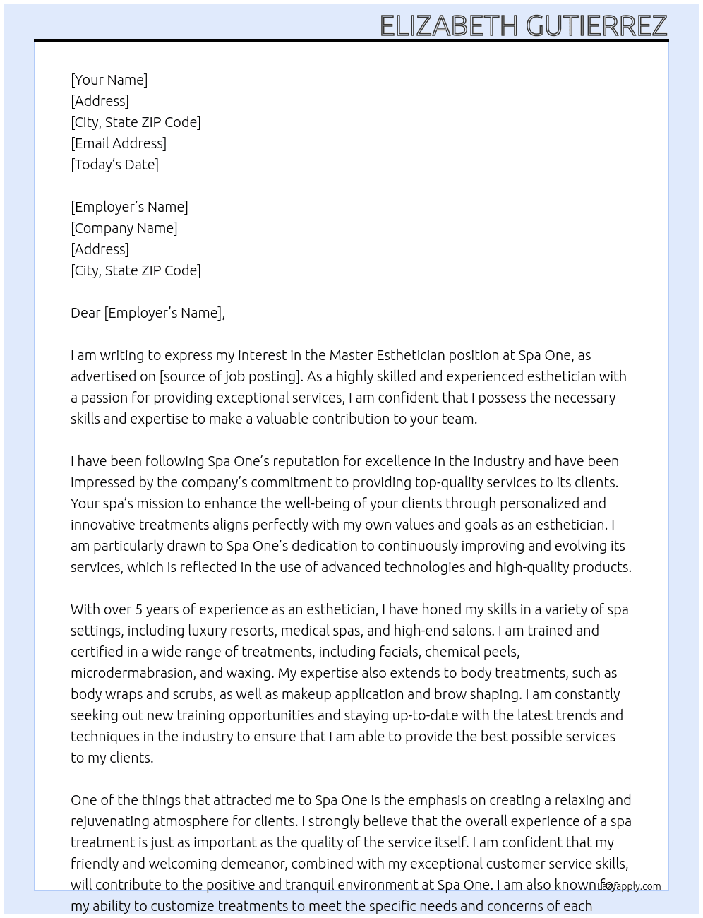 master esthetician At spa one Cover Letter