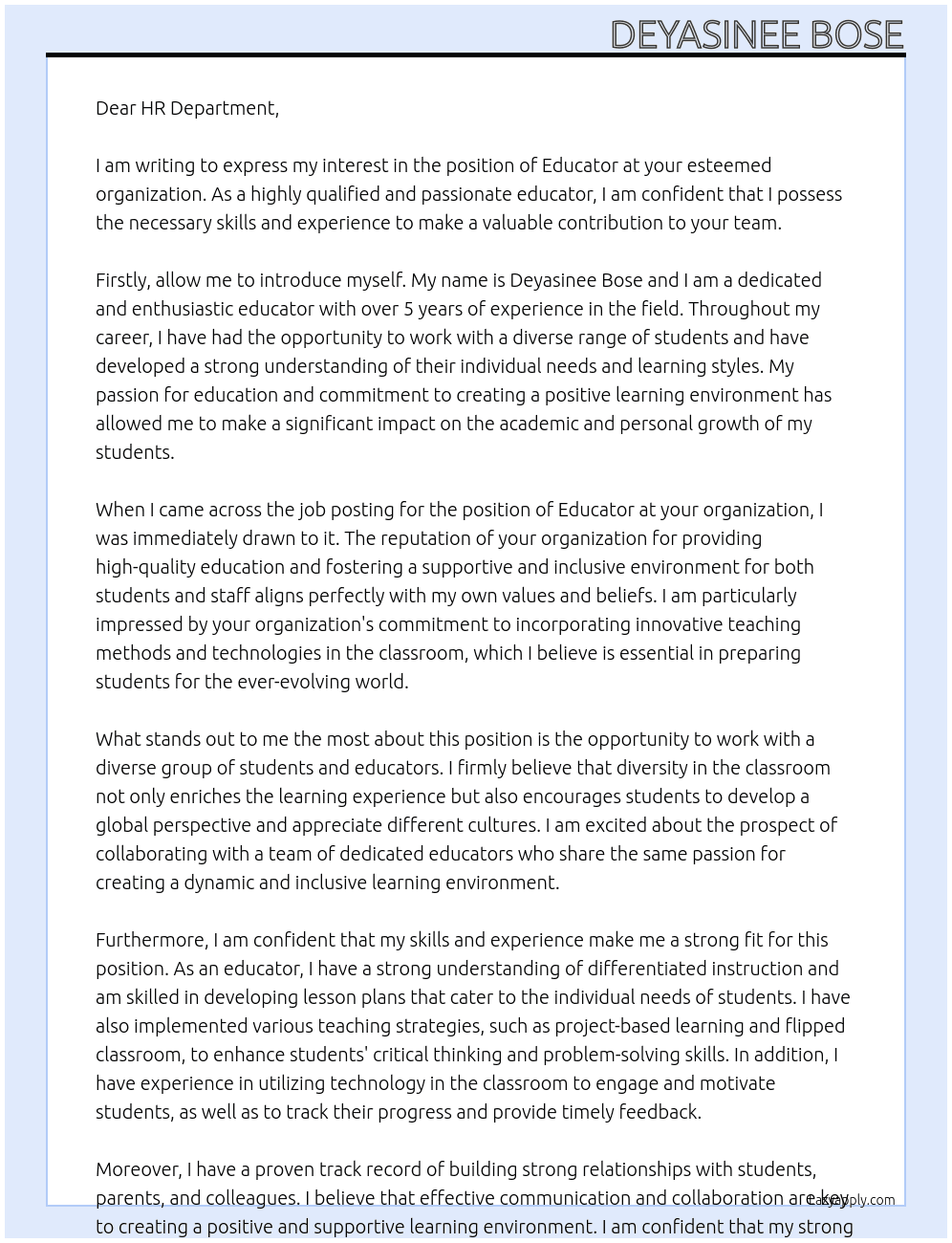 Educator  At Esteemed organization  Cover Letter