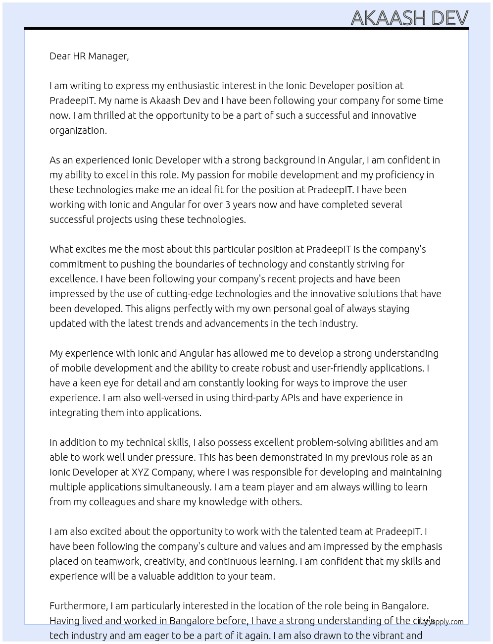 Ionic Developer At PradeepIT Cover Letter