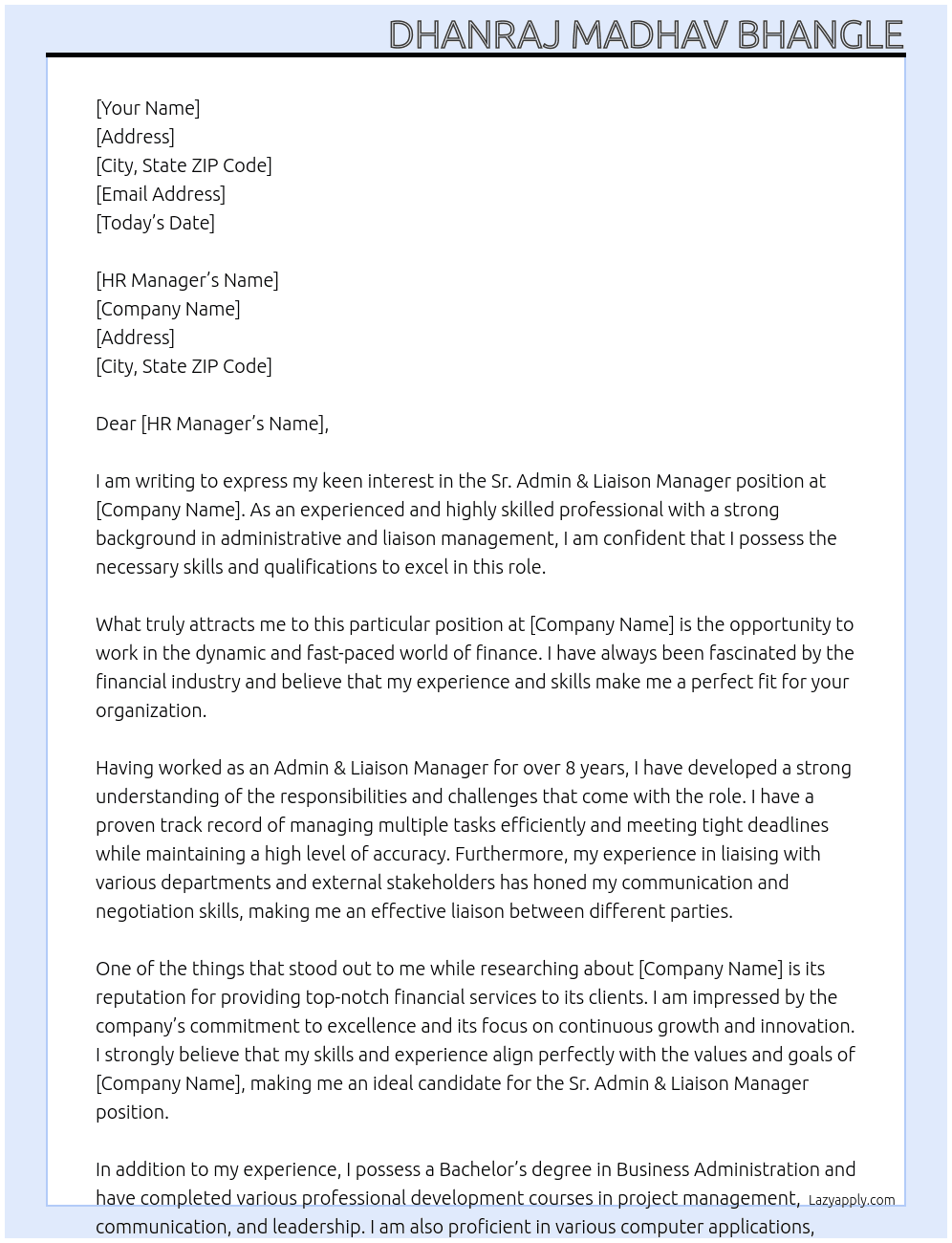 Cover letter for sr. admin & liaison manager - LazyApply