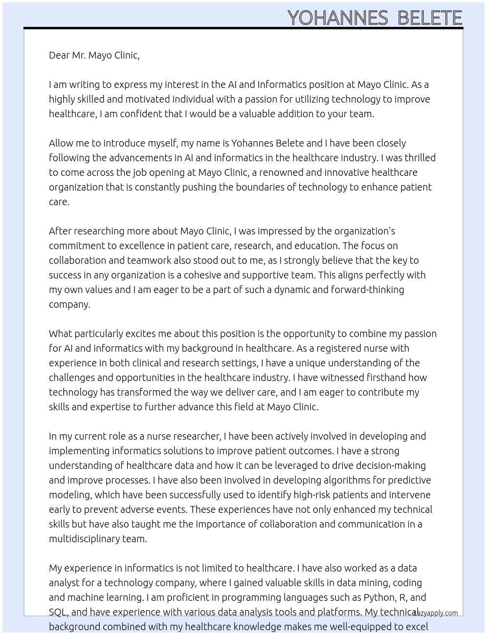 AI and Infromatics At Mayo Clinic Cover Letter
