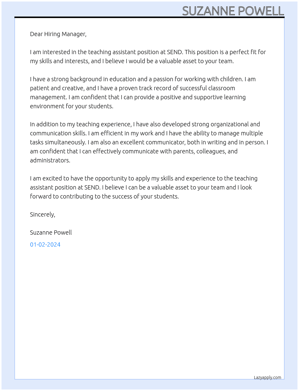 Teaching assistant At SEND Cover Letter