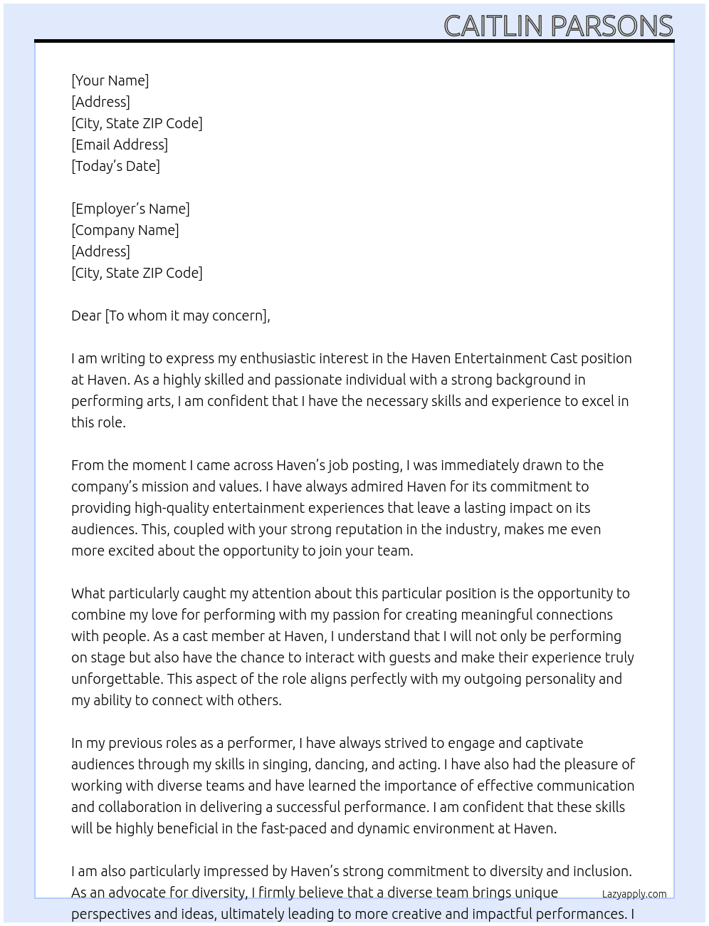 Haven Entertainment Cast At Haven Cover Letter