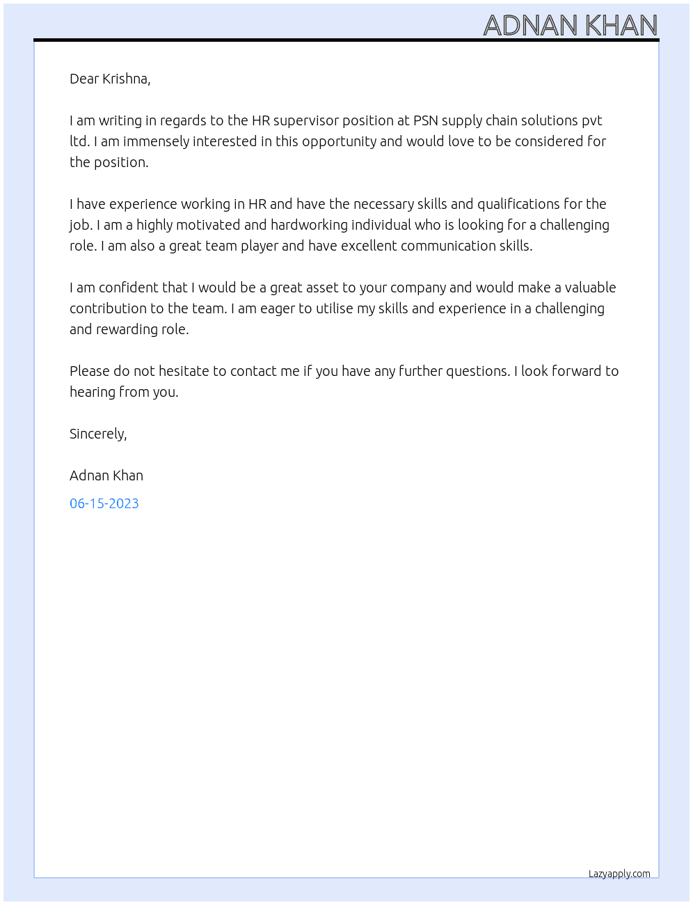 HR supervisor At PSN supply chain solutions pvt ltd  Cover Letter