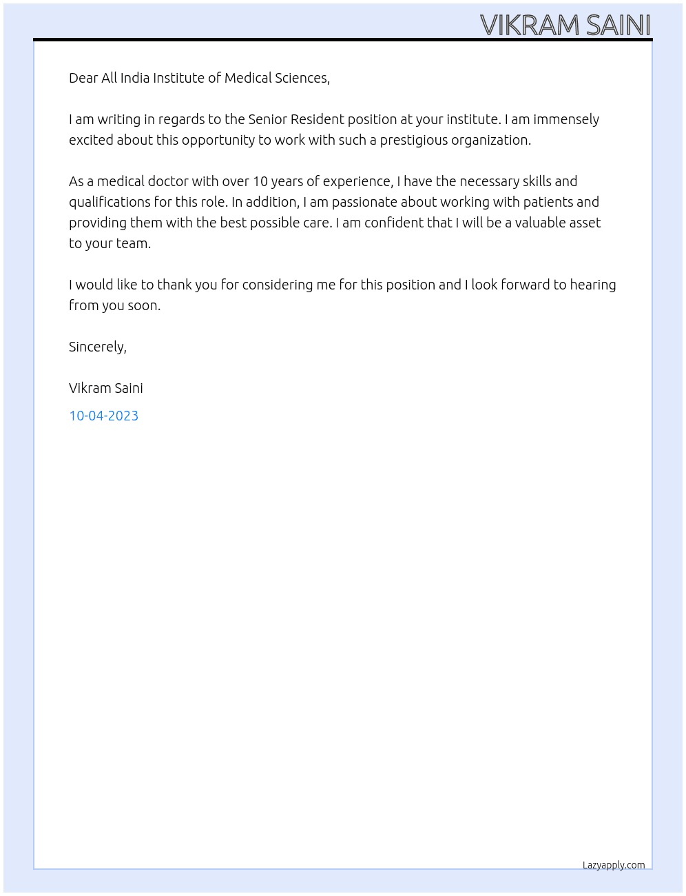 Senior Resident At All India Institute of Medical sciences Cover Letter
